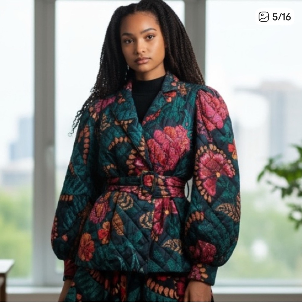 Never worn FARMRio floral belted puffer jacket with puff shoulders
